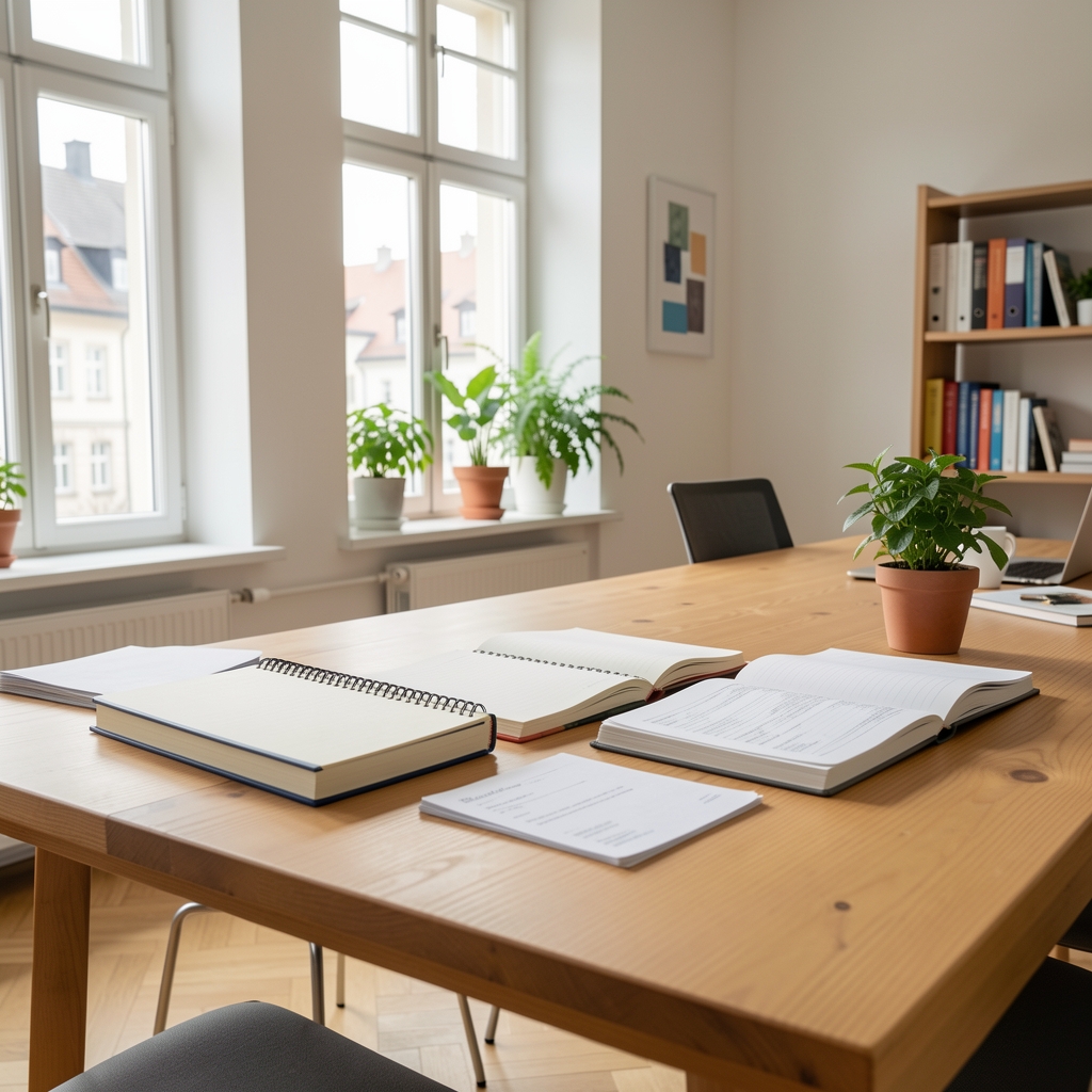Redaktioneller Arbeitsplatz mit Notizbüchern, Ernährungsunterlagen und einem Becher Kaffee auf einem Holztisch in einem hellen Büro in Zürich