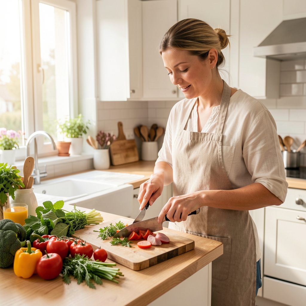 Person beim Kochen einer gesunden Mahlzeit in einer hellen Küche mit frischem Gemüse und Kräutern auf dem Schneidebrett