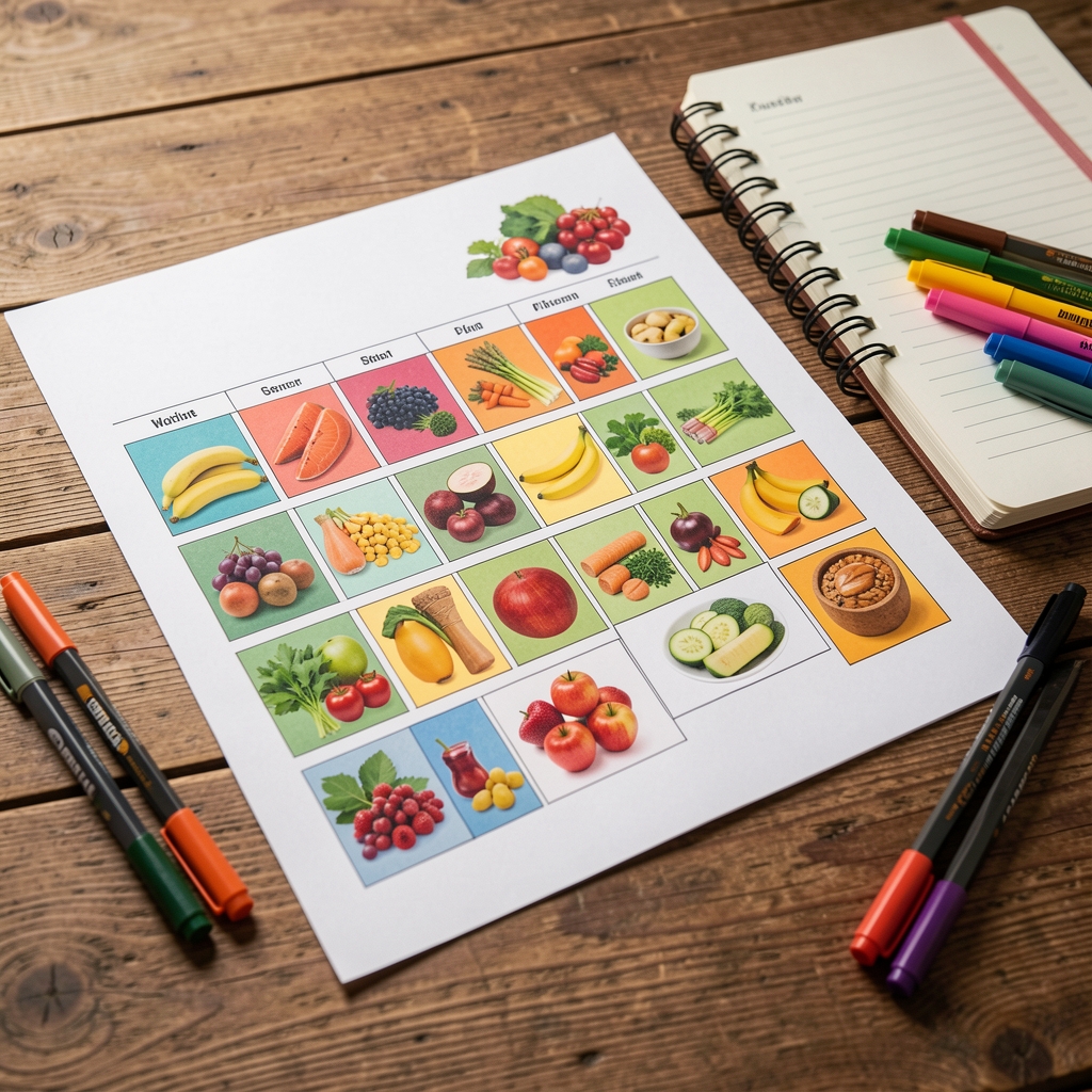 Wöchentlicher Ernährungsplan auf Papier mit bunten Lebensmittelkärtchen, Notizbuch und Buntstiften auf einem Holztisch