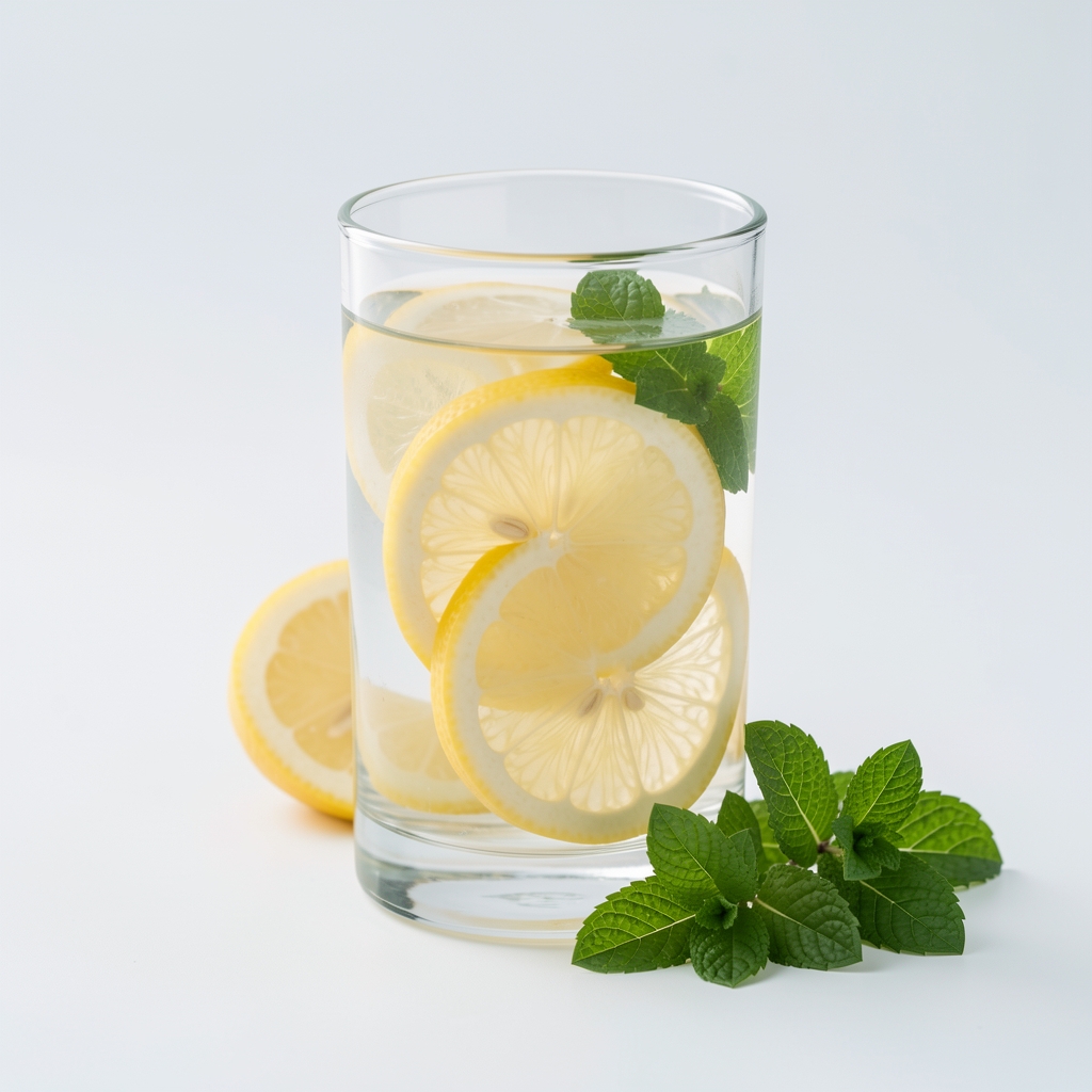 Glas Wasser mit Zitronenscheiben und frischer Minze auf einem hellen Hintergrund, klares frisches Wasser