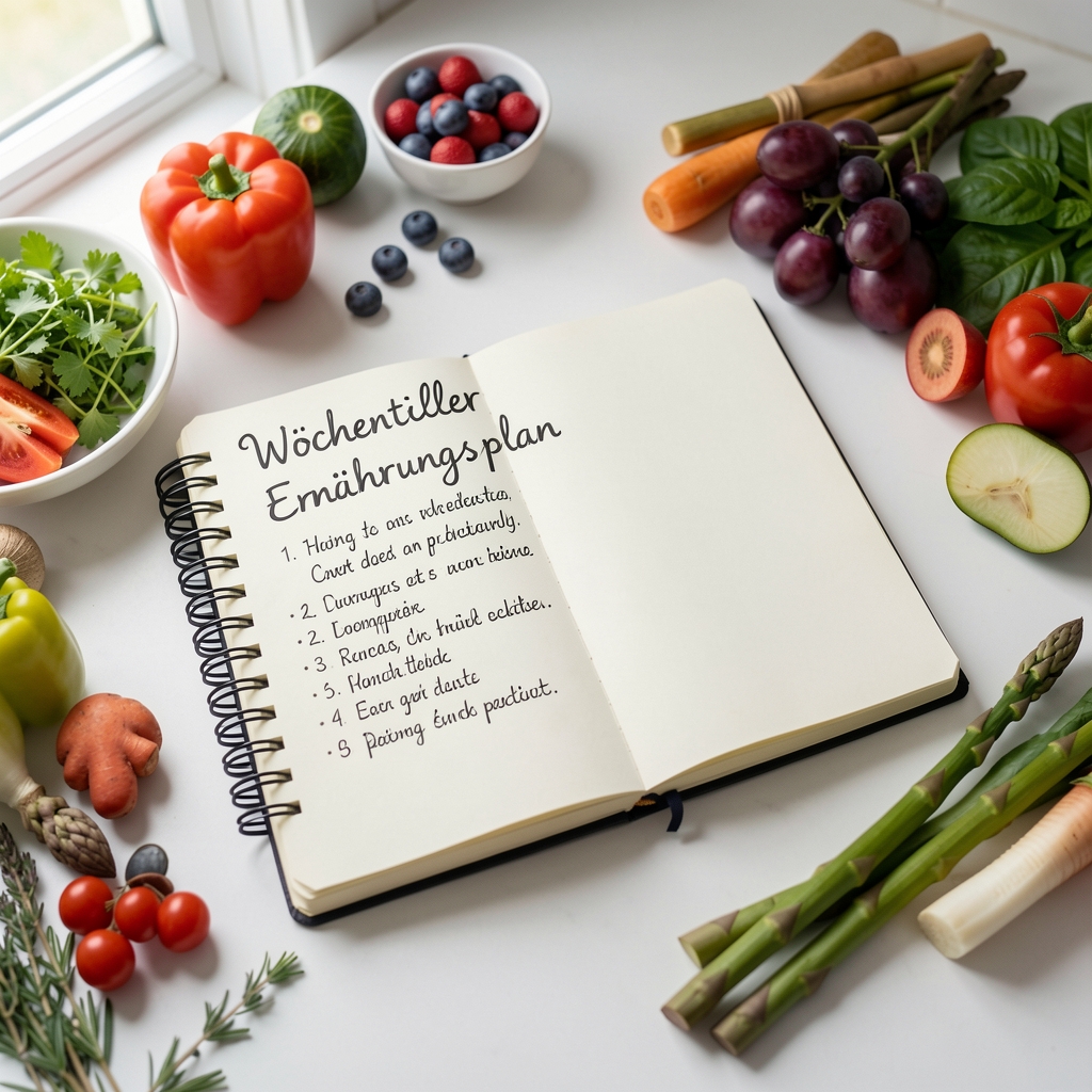 Wöchentlicher Ernährungsplan handgeschrieben in einem Notizbuch, umgeben von frischen Zutaten auf einer weissen Küchenarbeitsfläche
