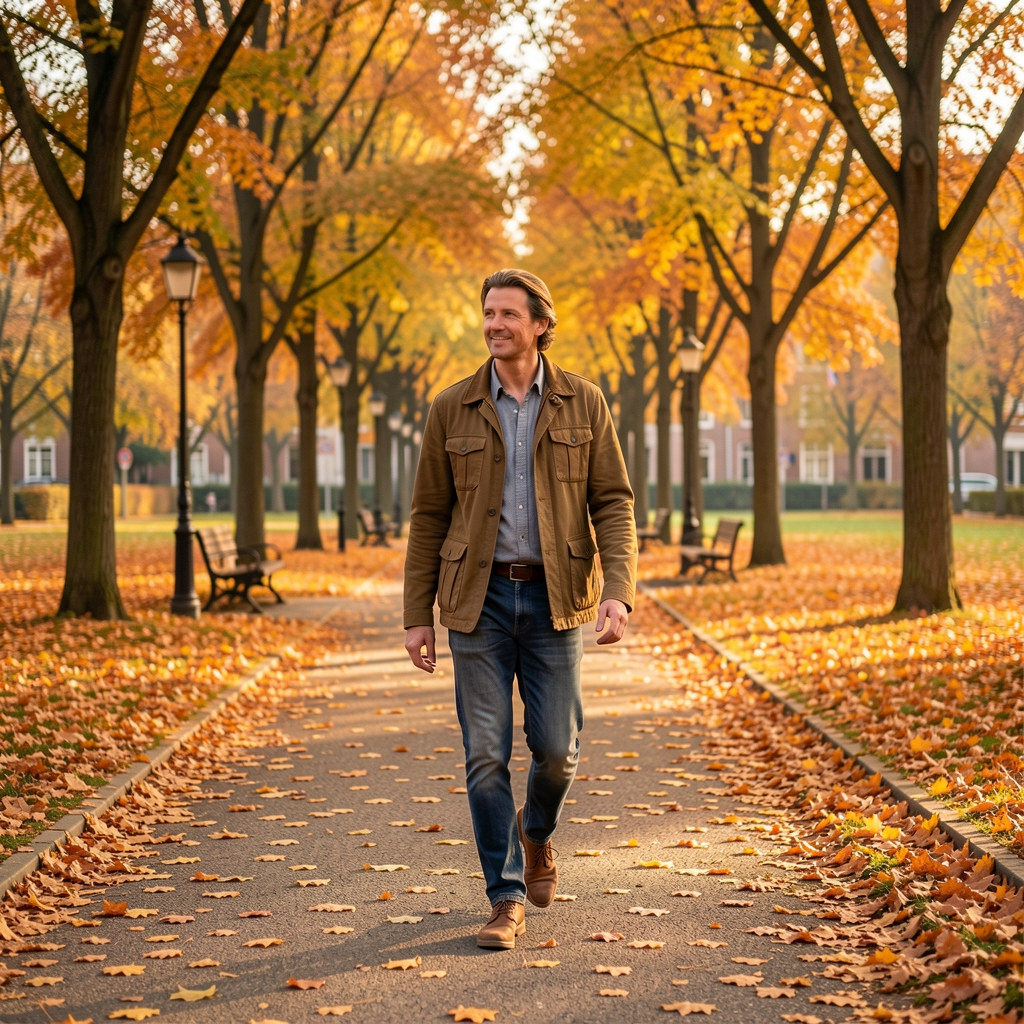 Person beim entspannten Spaziergang in einem Stadtpark im Herbst, Laub auf dem Boden, natürliche warme Farben, Alltagskleidung
