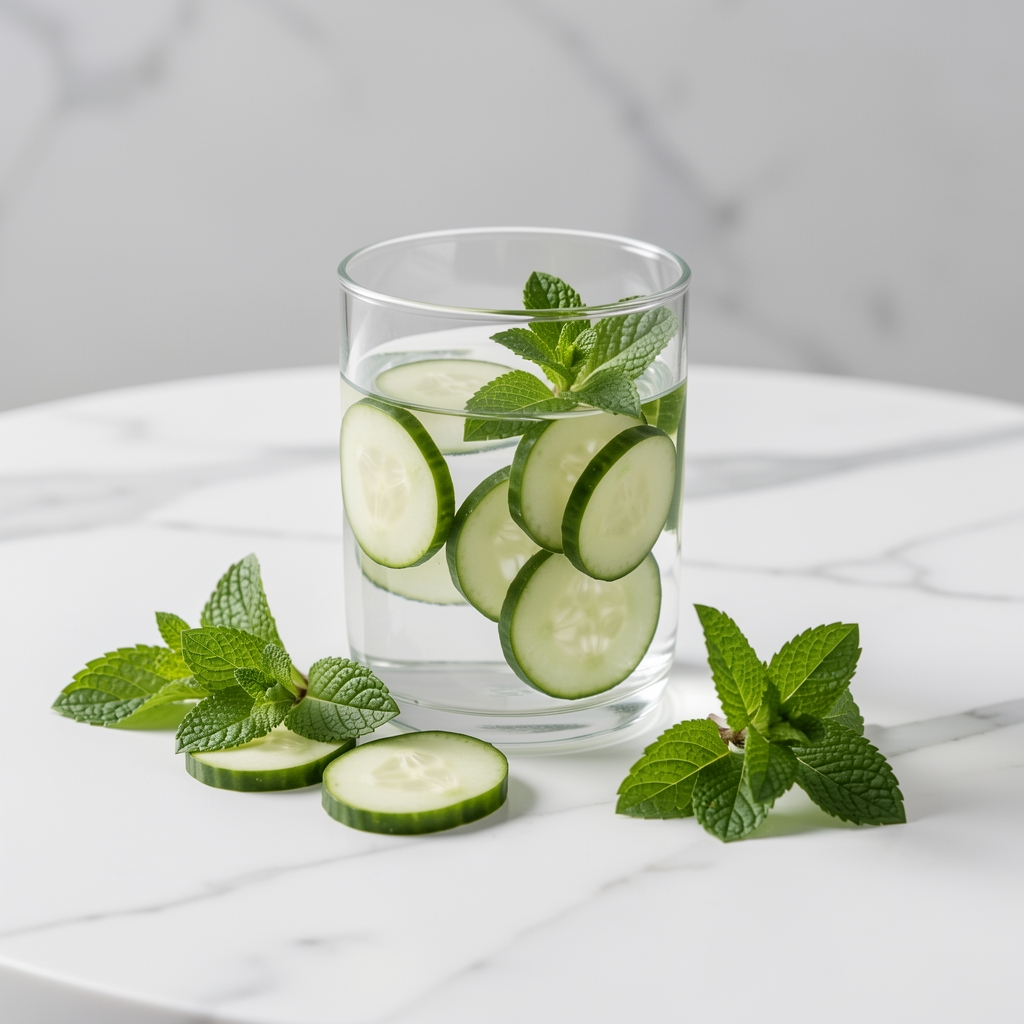 Klares Glas mit frischem Wasser, Gurkenscheiben und Minzblättern auf einem weissen Marmortisch, minimalistisch und frisch
