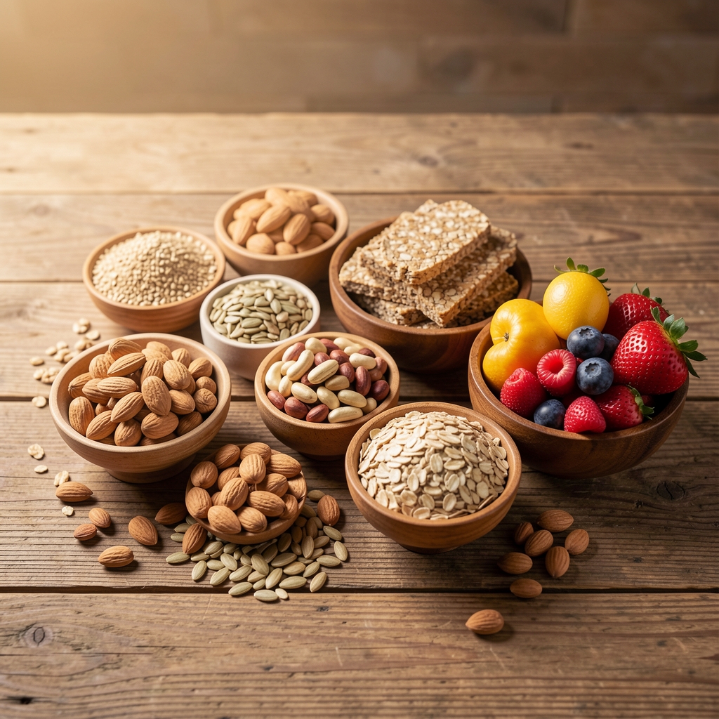 Ausbreitung natürlicher Lebensmittel auf einem Holztisch: Nüsse, Samen, Hülsenfrüchte, Vollkornprodukte und frisches Obst in kleinen Schälchen